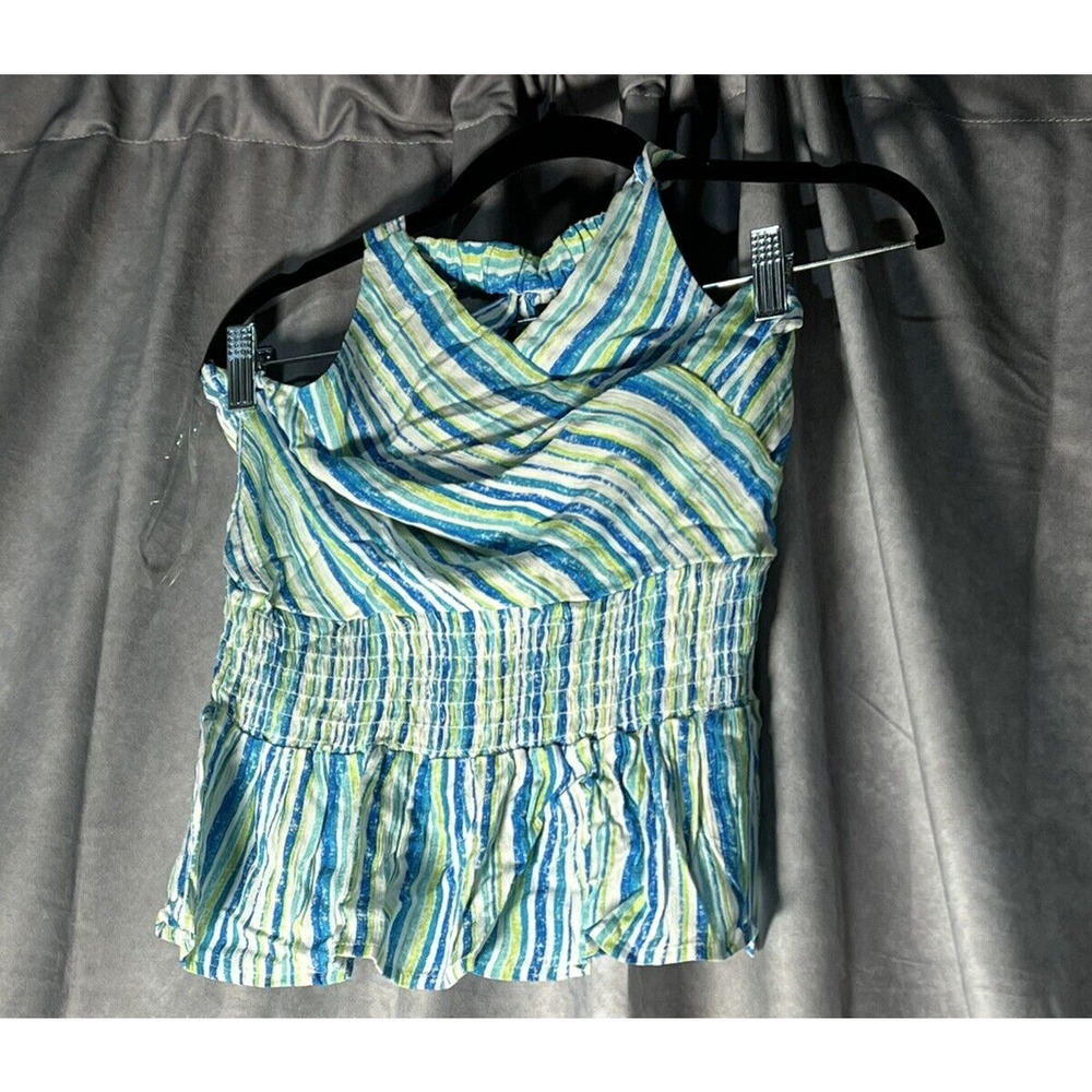 Speechless Smocked Striped Halter Top Girls L Teal Cobalt Tie Neck